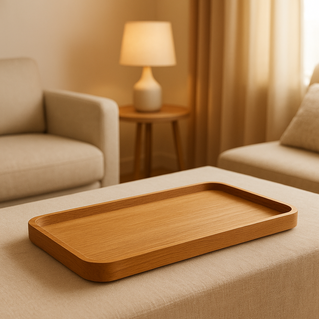 Plateau en bois rectangulaire naturel pour une déco d'intérieur élégante et épurée.