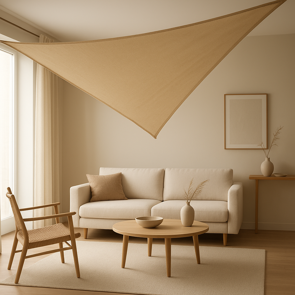 Voile d'ombrage tendue sur une terrasse pour se protéger du soleil en toute élégance.