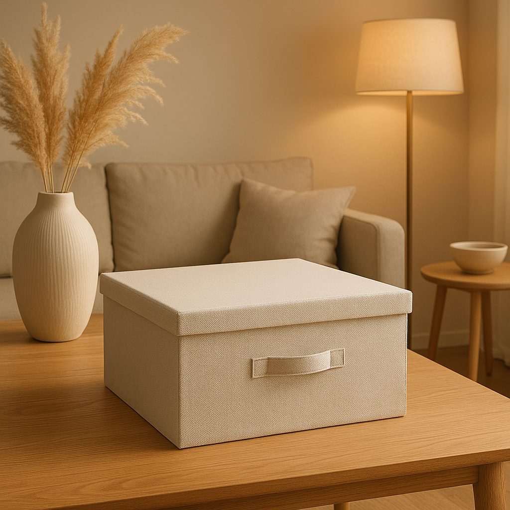 Boîte de rangement papier design pour organiser vos documents et fournitures de bureau.