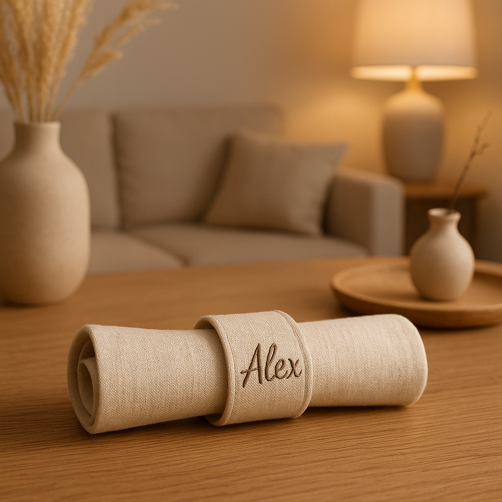 Rond de serviette personnalisé en bois avec prénom ou texte gravé pour mariage et décoration de table