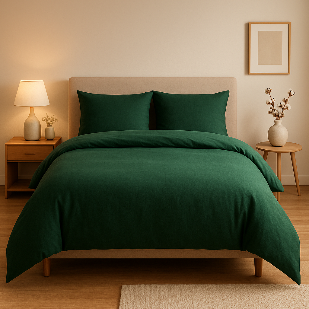 Parure de lit vert olive en coton percale, motif feuillage pour une chambre nature et apaisante.