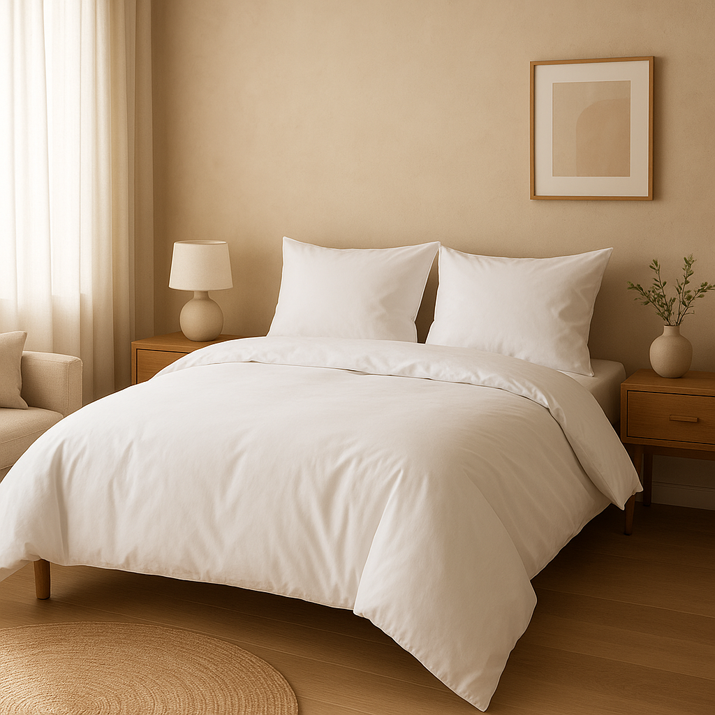 Housse de couette blanche en coton pour une chambre paisible et un sommeil serein.