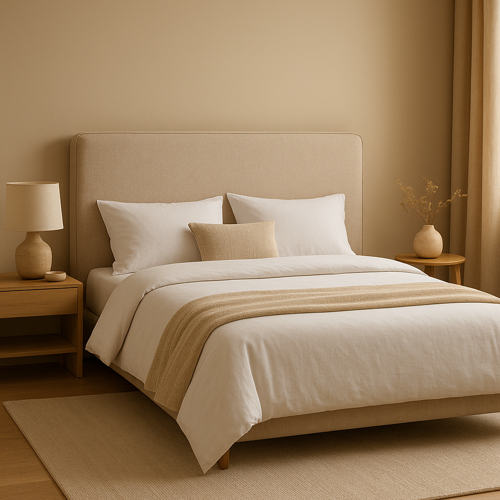 Tête de lit capitonnée beige en tissu, pour une déco de chambre élégante et cosy.