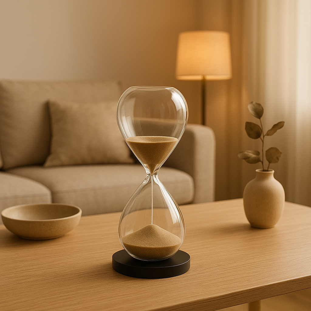 Sablier décoratif en verre pour une décoration intérieure élégante et intemporelle.