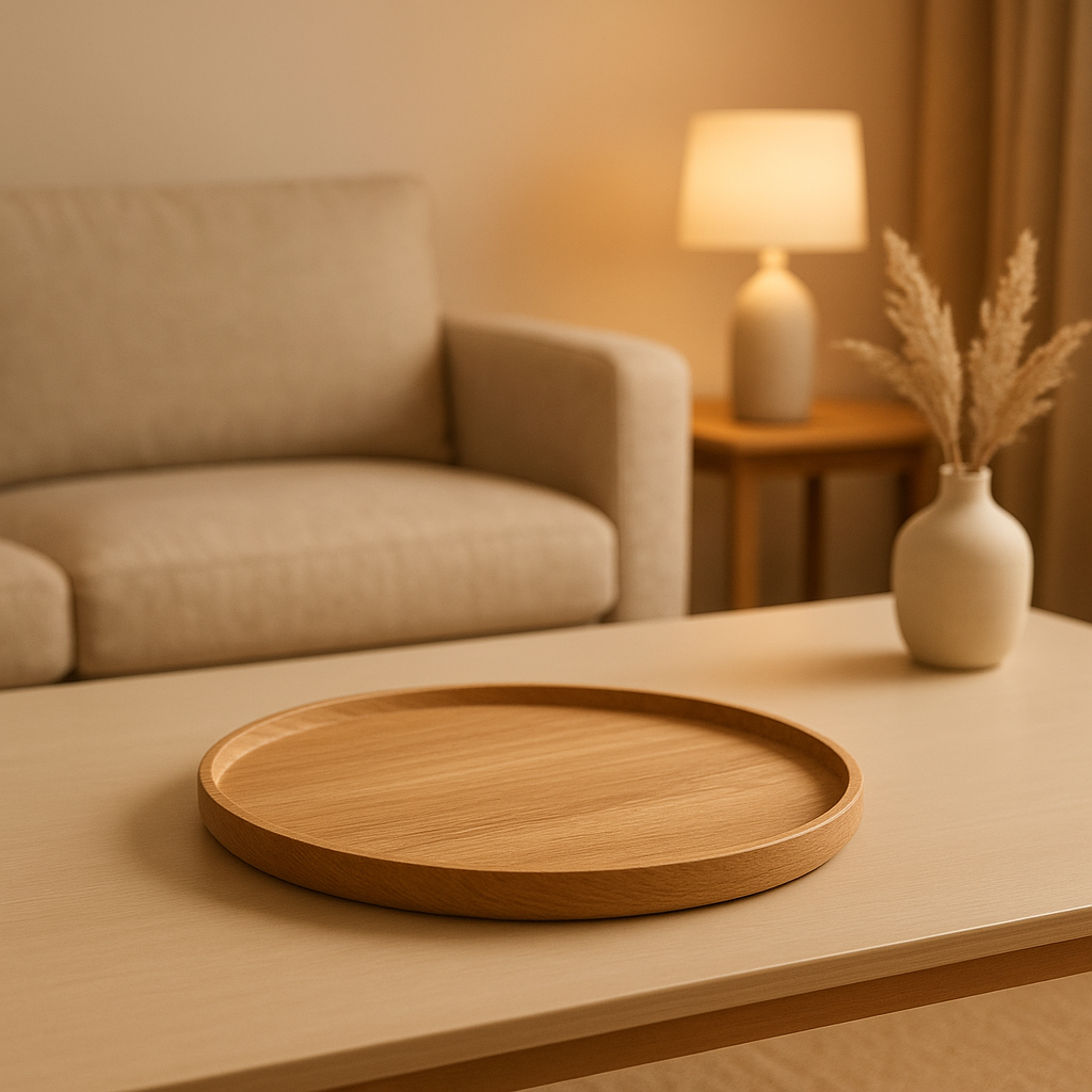 Plateau rond en bois naturel pour une déco d'intérieur élégante et chaleureuse.