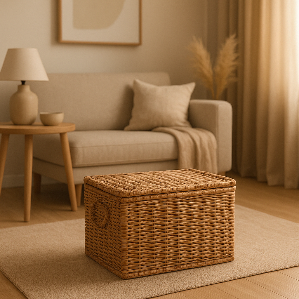 Panier en osier naturel pour rangement déco, idéal pour salon ou salle de bain