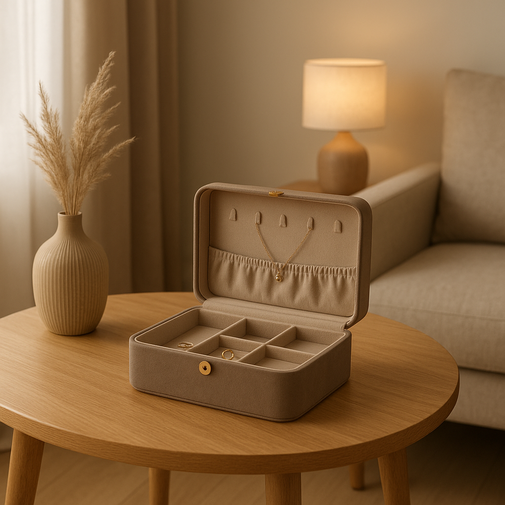 Boîte à bijoux élégante pour ranger et protéger vos colliers, bracelets et boucles d'oreilles avec style.
