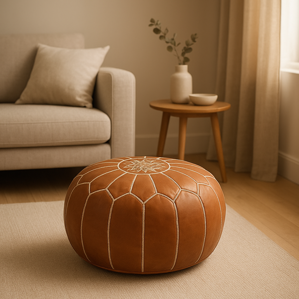 Pouf marocain en cuir authentique, idéal pour déco bohème et salon