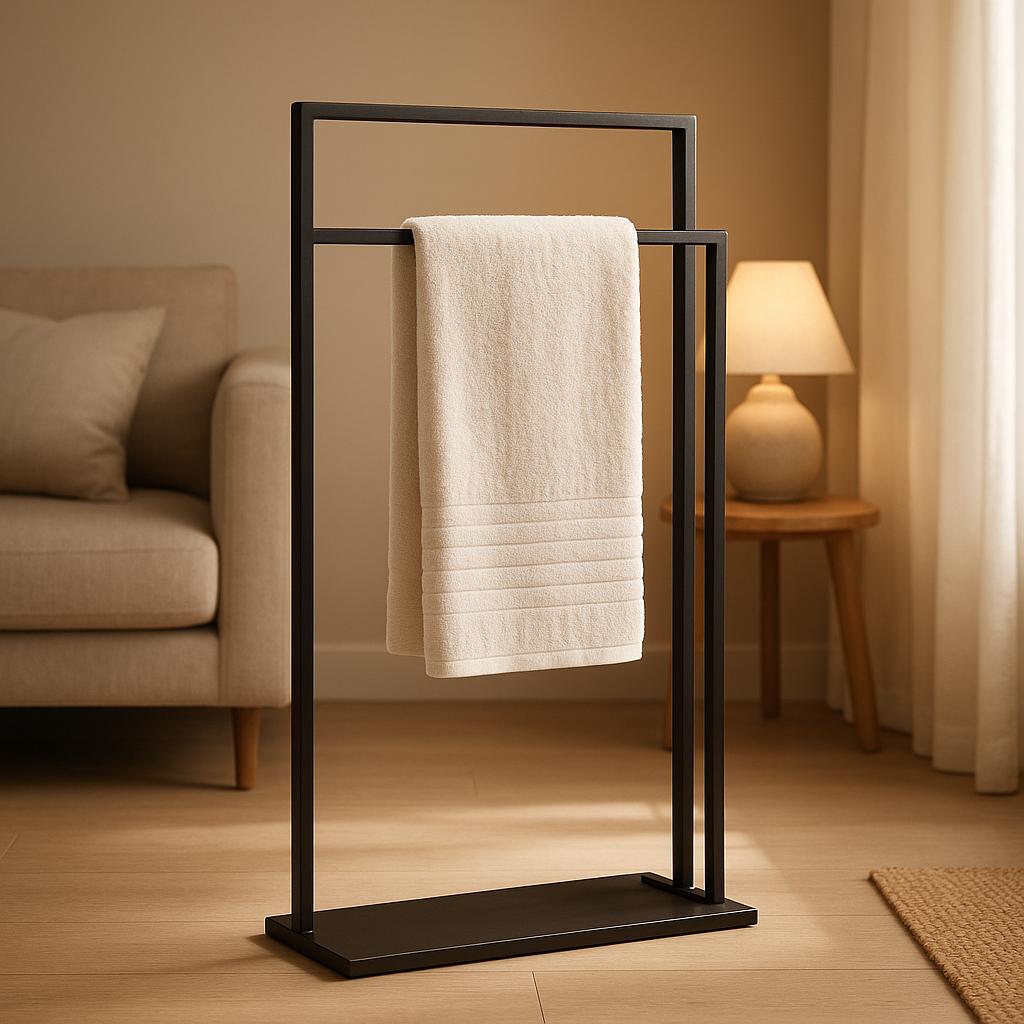 Porte-serviette sur pieds design pour salle de bain, rangement pratique et élégant.
