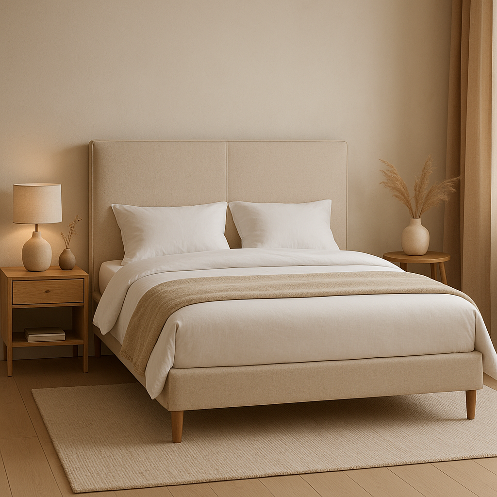 Tête de lit 160 cm en tissu beige, design épuré pour une chambre moderne et apaisante.