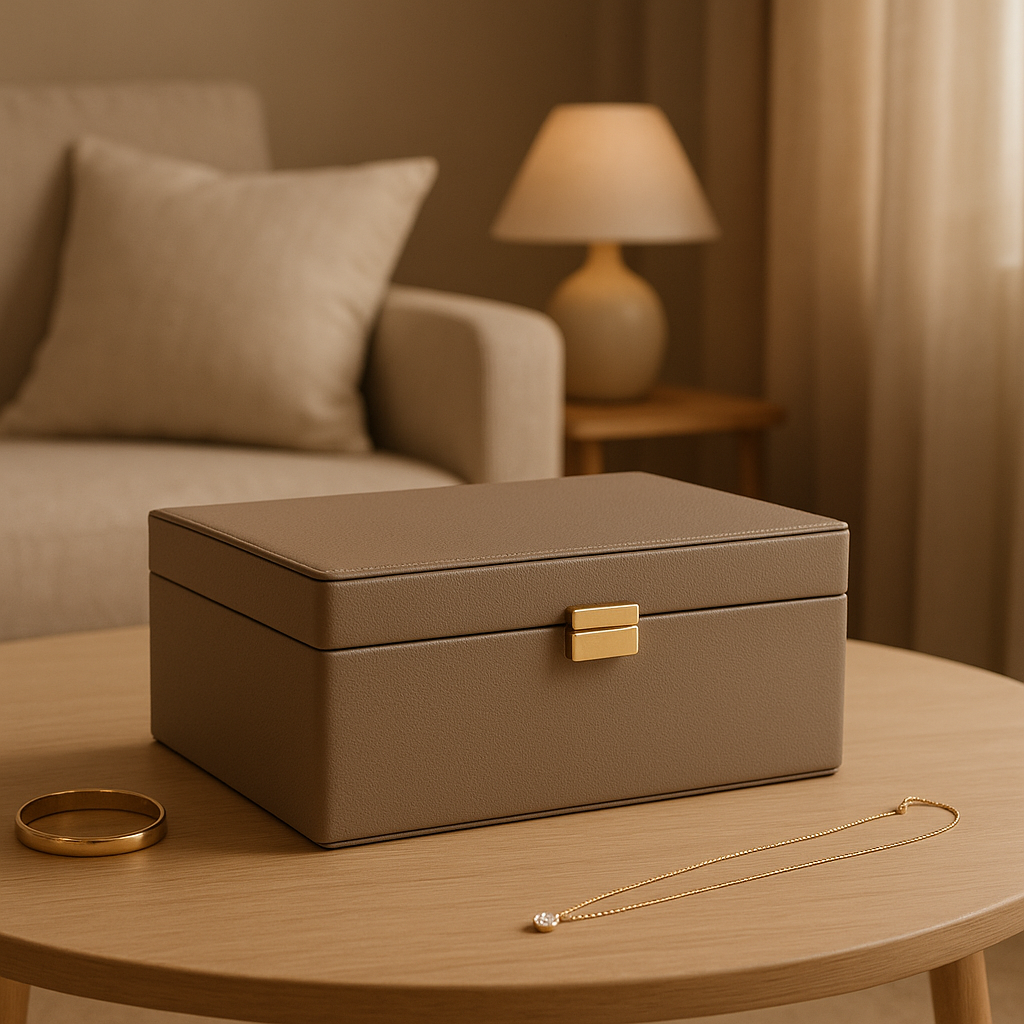 Grande boîte à bijoux en bois massif pour ranger et organiser vos précieux accessoires.