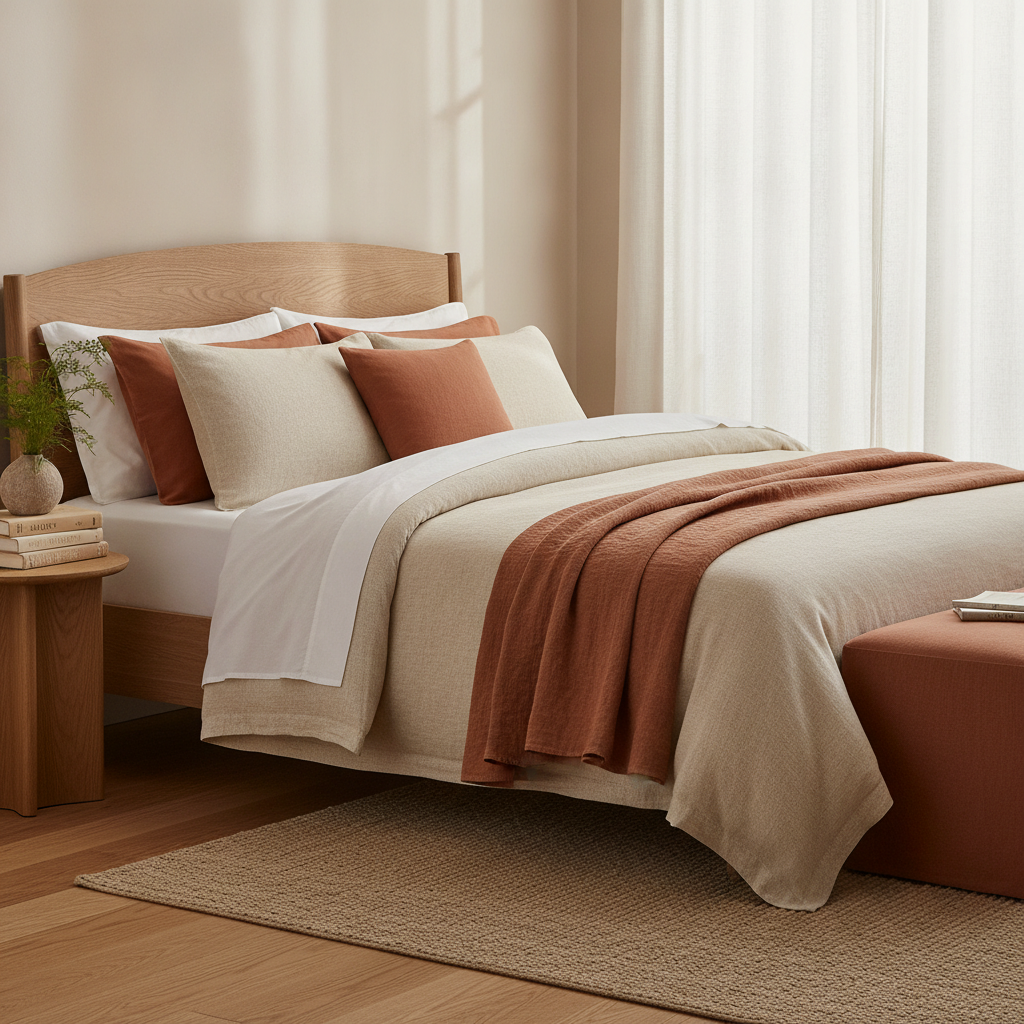 Linge de lit : parure, housse de couette, drap, taies d'oreiller et plaid dans une chambre cosy aux tons crème et terracotta