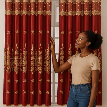 Femme souriante ouvrant un rideau rouge brodé doré devant une fenêtre, créant une ambiance chaleureuse et élégante.
