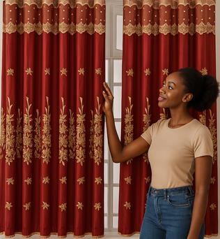 Femme souriante ouvrant un rideau rouge brodé doré devant une fenêtre, créant une ambiance chaleureuse et élégante.