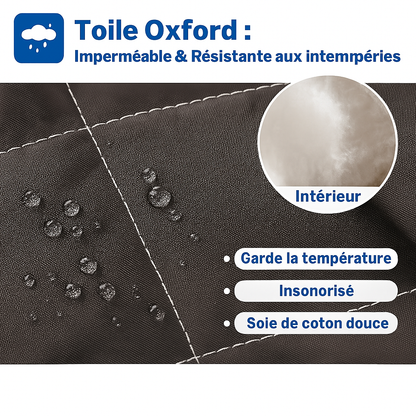 Gros plan sur une toile Oxford imperméable marron avec des gouttelettes d’eau visibles, accompagnée de pictogrammes soulignant son isolation thermique, son insonorisation et sa doublure douce en soie de coton.