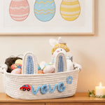 panier rangement tissu coton rose blanc bleu motif tresses décoratif enfant anneaux métalliques prénom