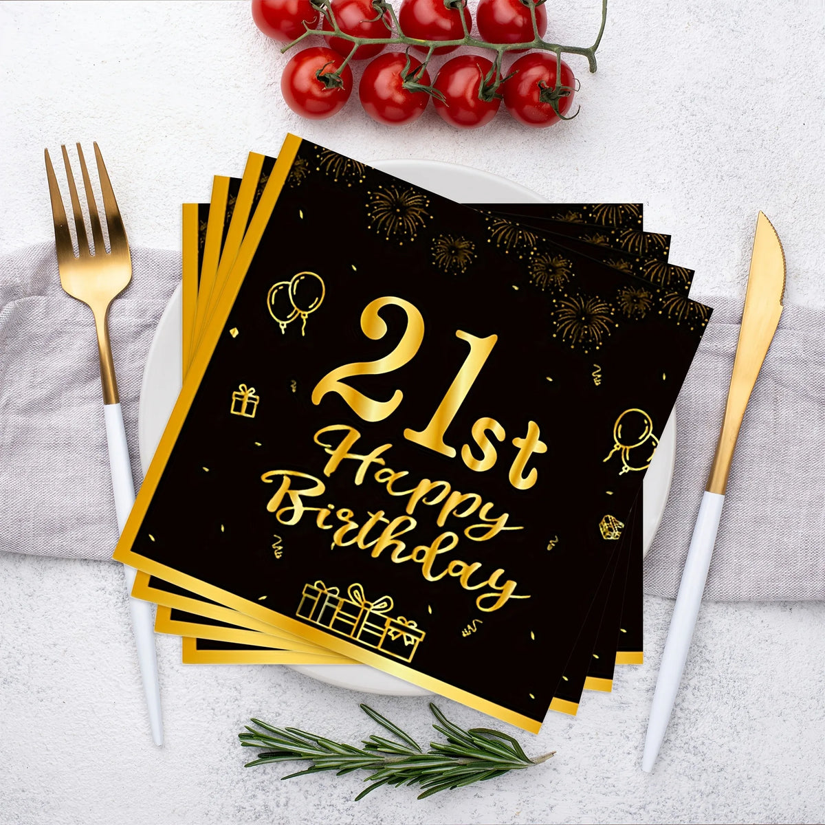 serviettes jetables anniversaire noires dorées ornementations élégantes fêtes confettis ballons cadeaux 20 pièces