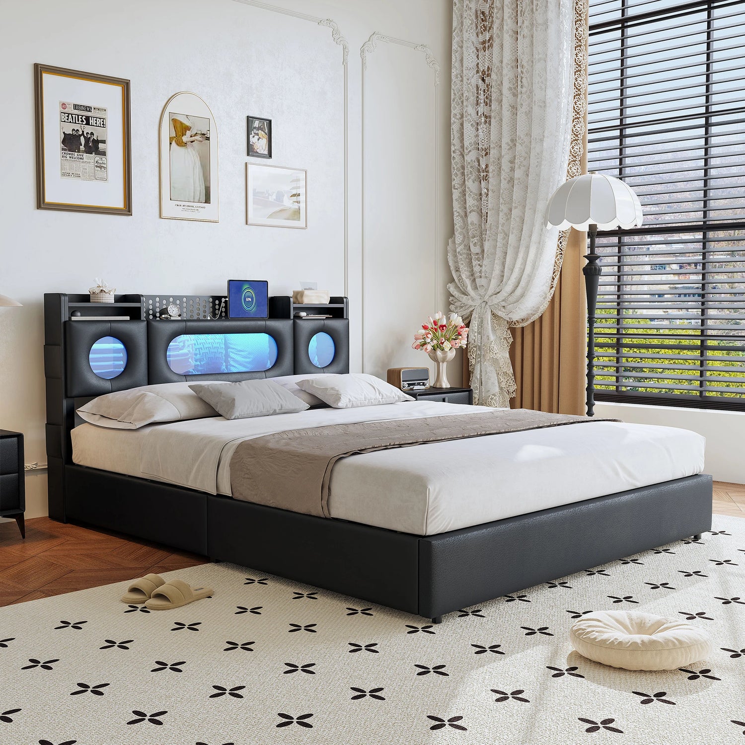 Détail de la tête de lit avec rangement et ports USB