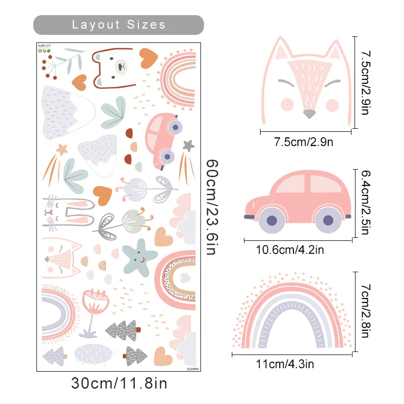Stickers muraux animaux nuages arc ciel chambre enfant décoration bohème illustrative