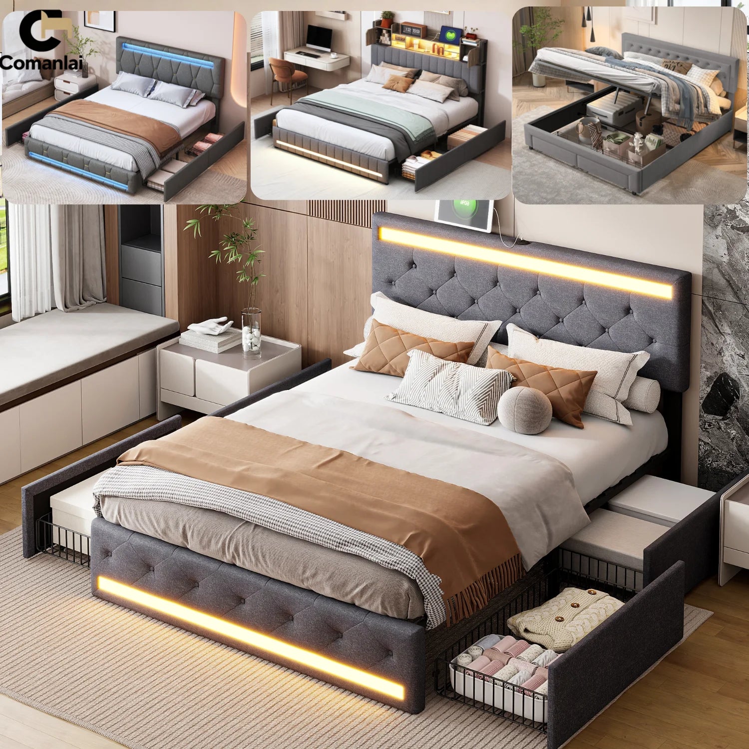 Cadre de lit double 160x200cm avec tête de lit LED et rangement en couleur argent