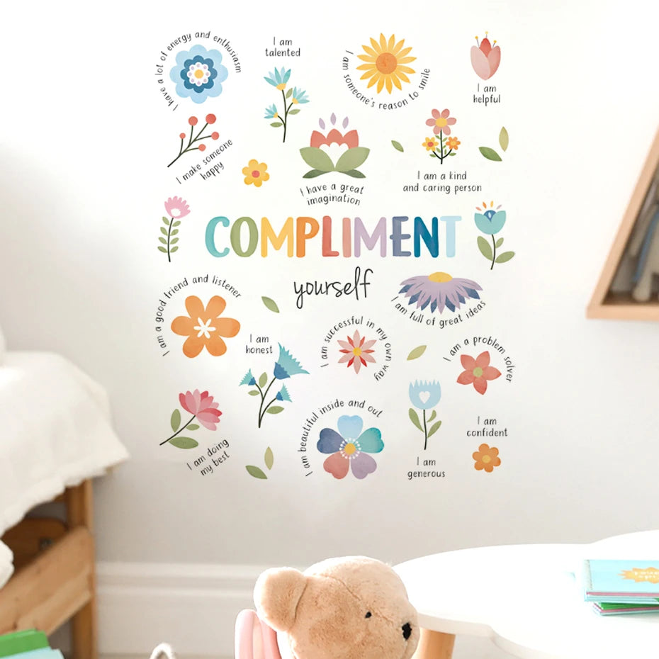 sticker mural multicolore fleurs phrases motivantes adhésif chambre enfant décoration murale positive boho