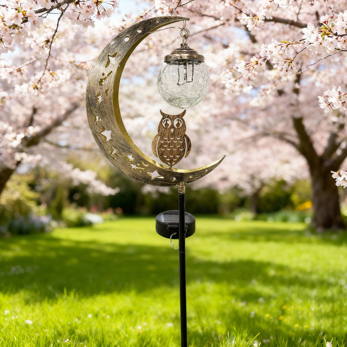 lampe solaire décorative lune or étoiles hibou verre translucide artisanalextérieur jardinrustique
