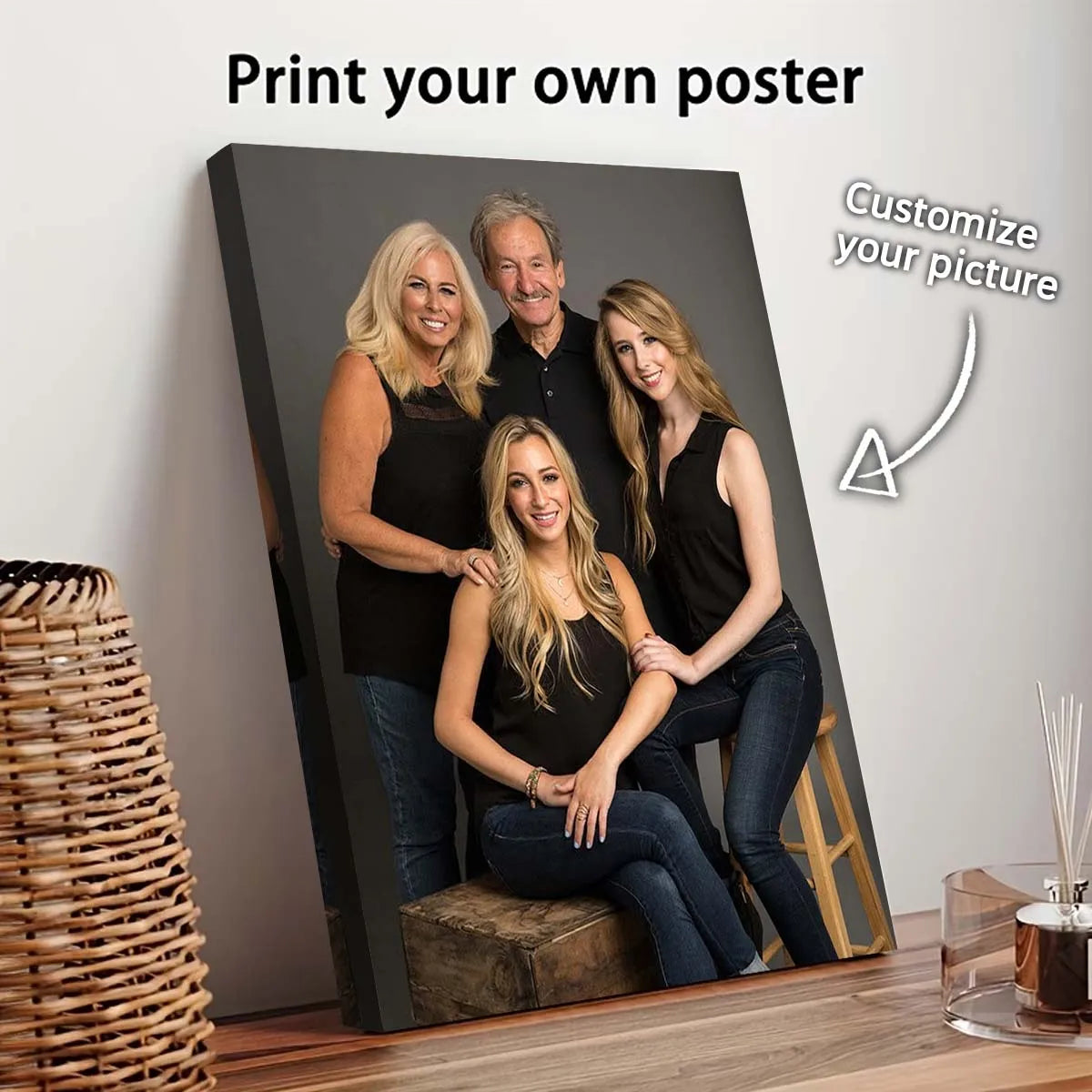 toile d'art moderne photo famille blanc noir cadre bois clips 20x30cm 30x40cm 40x50cm 40x60cm