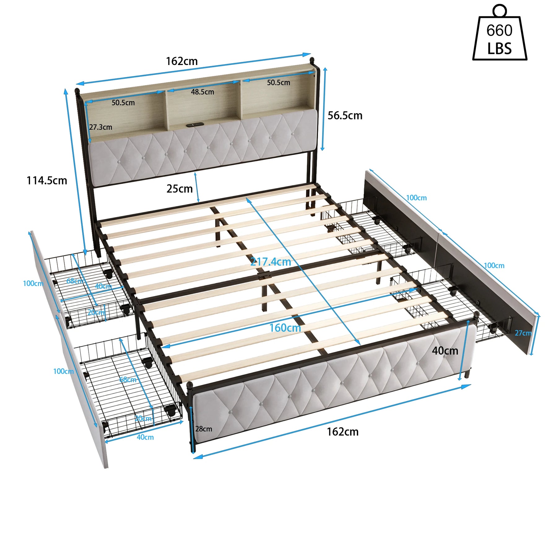 Tiroirs sous le lit du cadre de lit pour optimiser l'espace