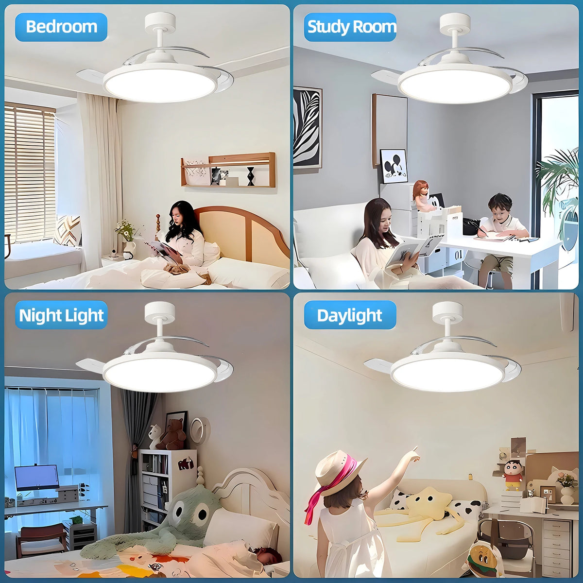ventilateur lampe led moderne blanc invisible télécommande fixe central chambre salon