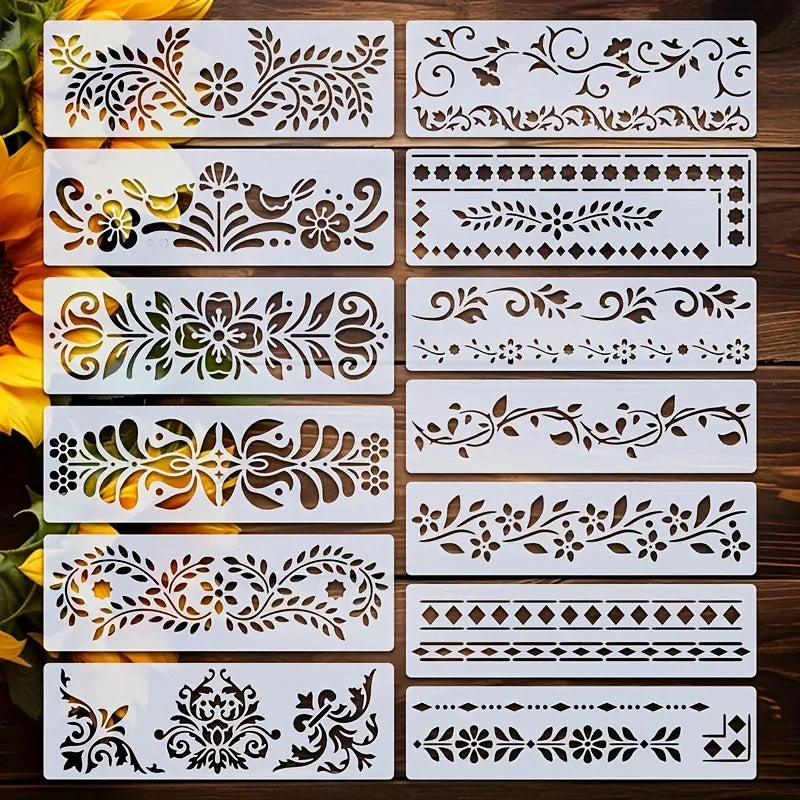 stencils peinture motifs floral ornements blanc brun artisanal décoration murale bricolage