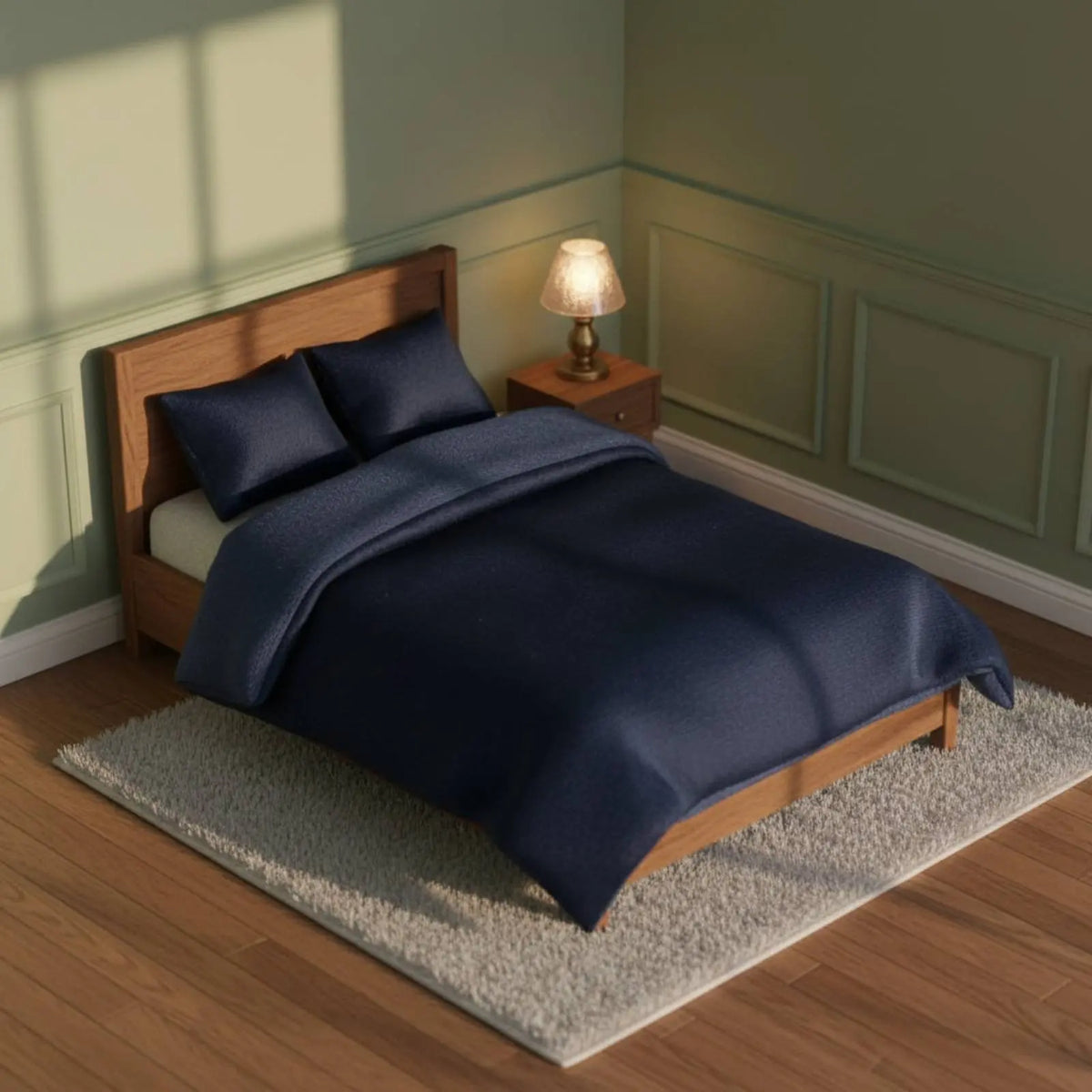 literee miniature bleu marine gris clair tissu texturé minimaliste moderne couverture oreillers bois naturel