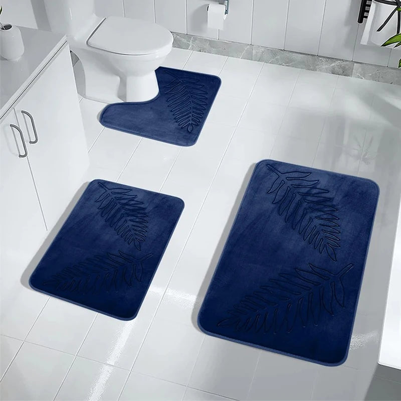 tapis sol mousse mémoire forme bleu marine gris vert feuilles palmier relief moderne large