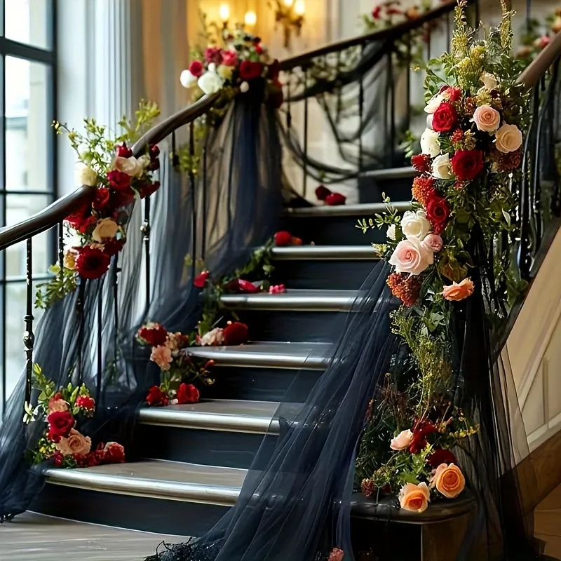 rideau mariage tulle noir motifs fleurs élégant translucide décoration événement classique textile festif