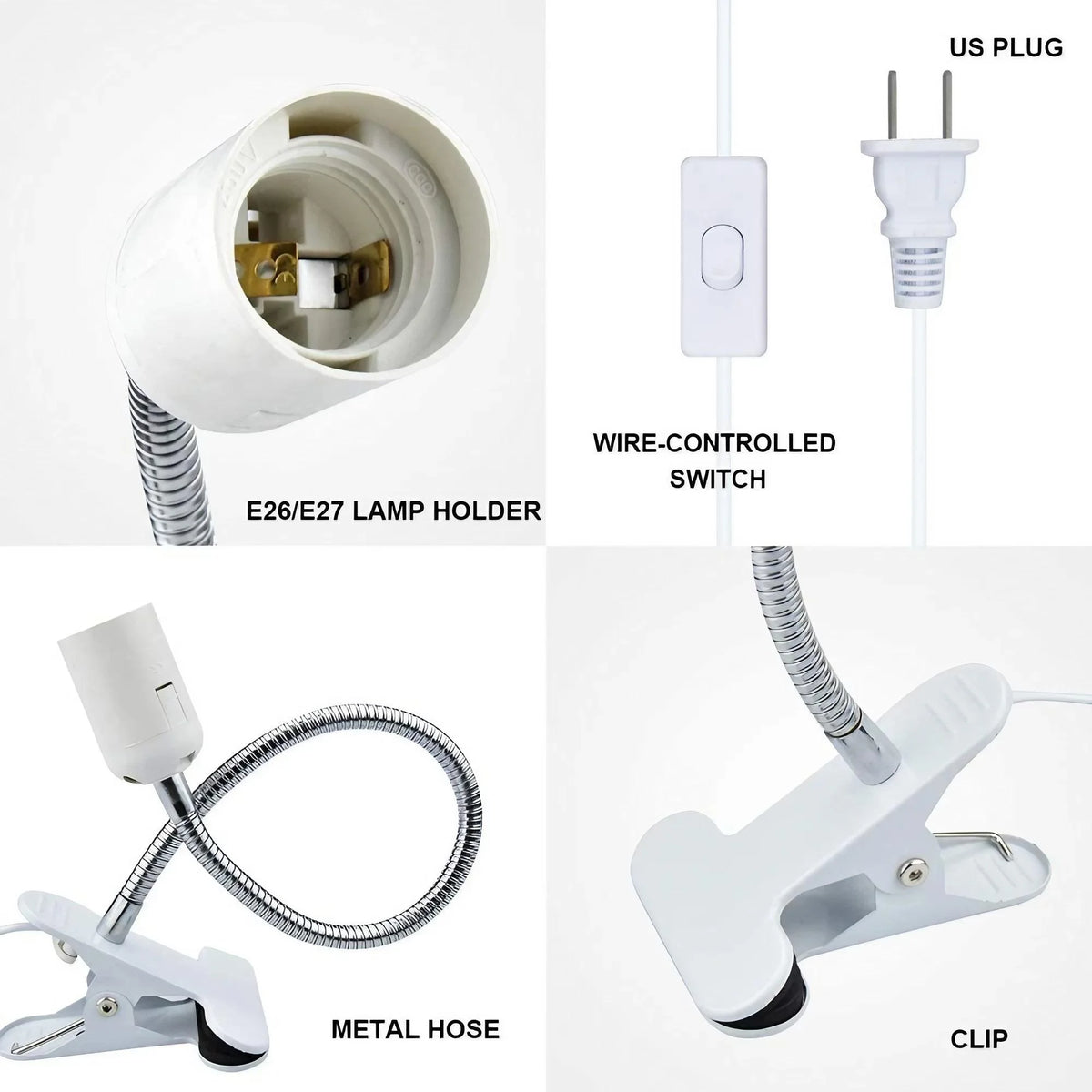 lampe pince flexible blanc moderne socle E27 interrupteur filaire prise US EU minimaliste