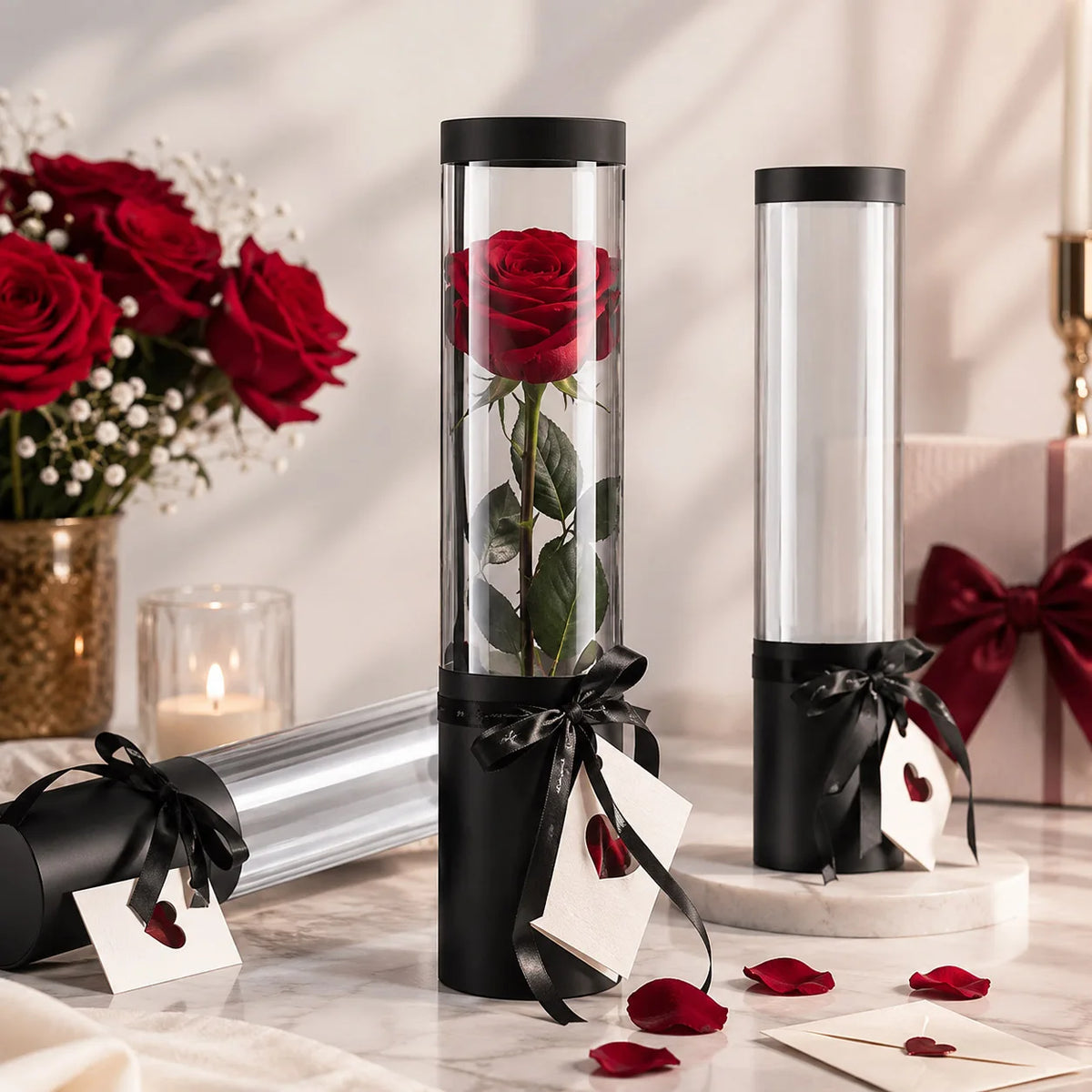 boîtes fleurs transparentes modernes rubans décoratifs noir blanc rose pâle occasion saint valentin élégantes