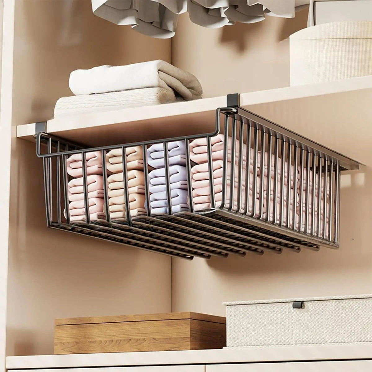 Panier tiroir coulissant suspendu métal noir organisateur dressing