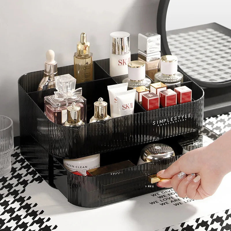 organisateur maquillage boîte rangement bijoux noir rayures moderne respectueux environnement cosmétiques flacon crème rouge