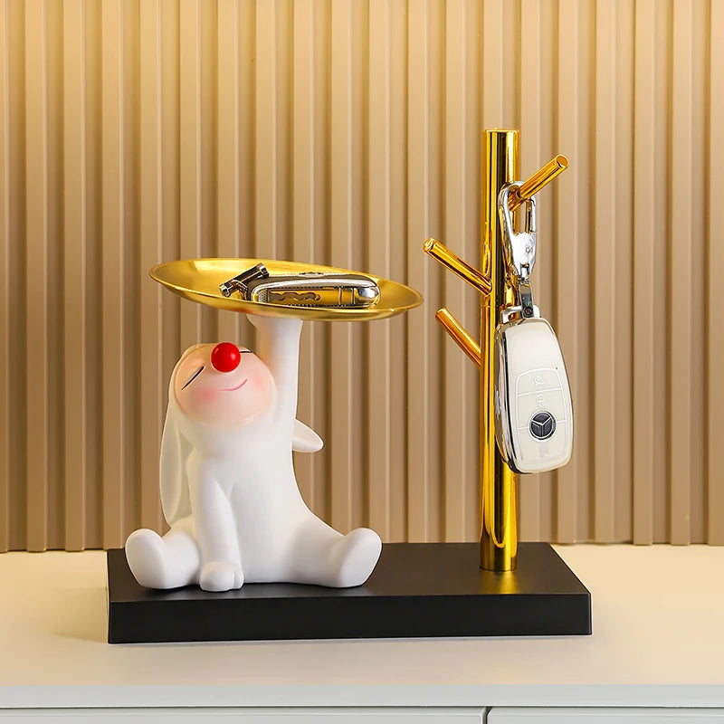 porte clés moderne figurine blanche oreilles tombantes plateau doré horloge digitale clé décoration table