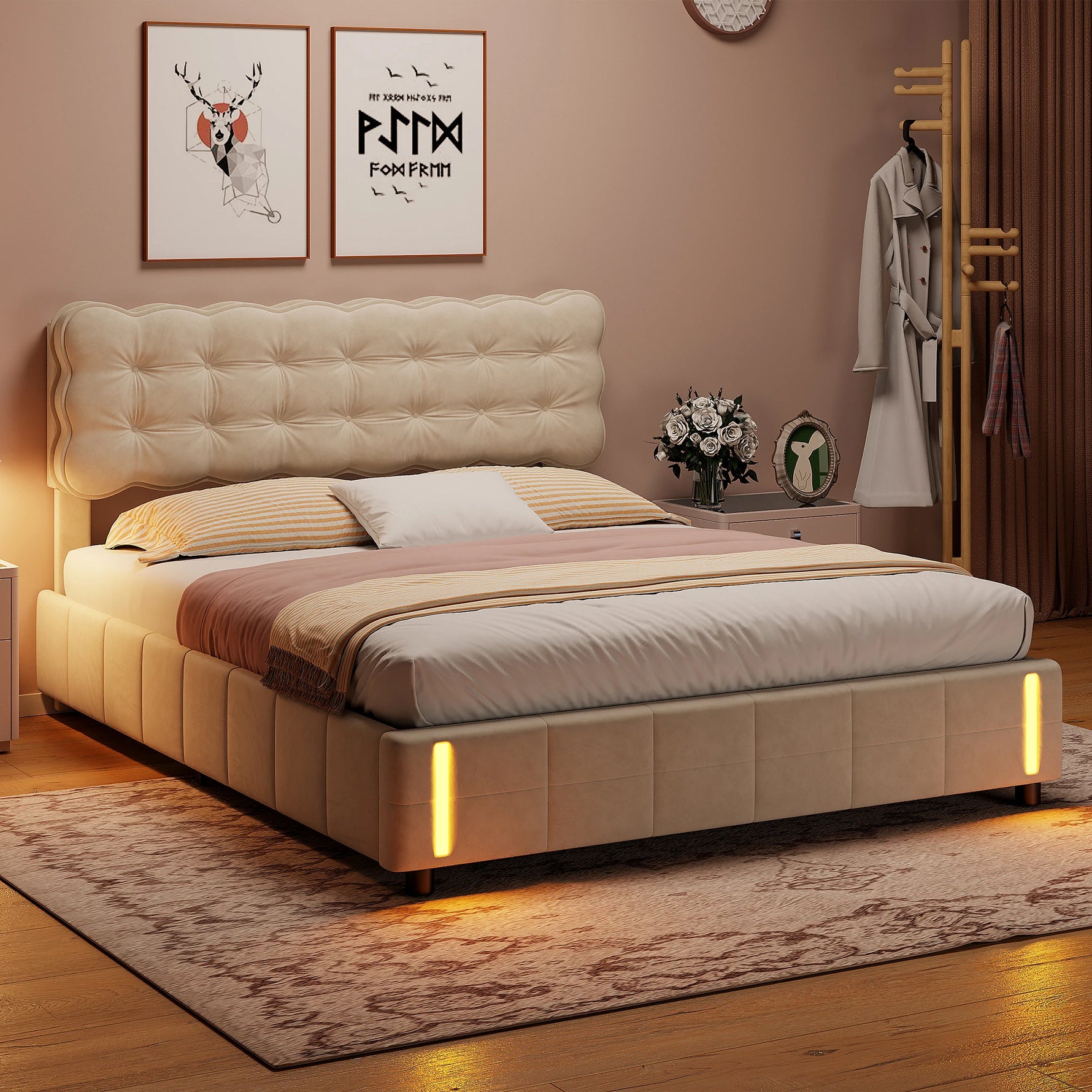 Tête de lit capitonnée en velours beige