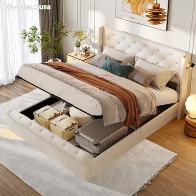 Lit coffre 160x200 cm velours beige avec éclairage intégré