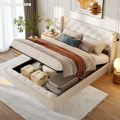 Lit coffre 160x200 cm velours beige avec éclairage intégré
