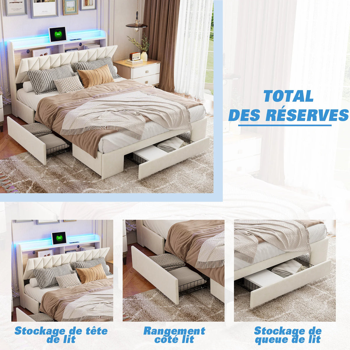 Vue latérale du lit montrant le design capitonné