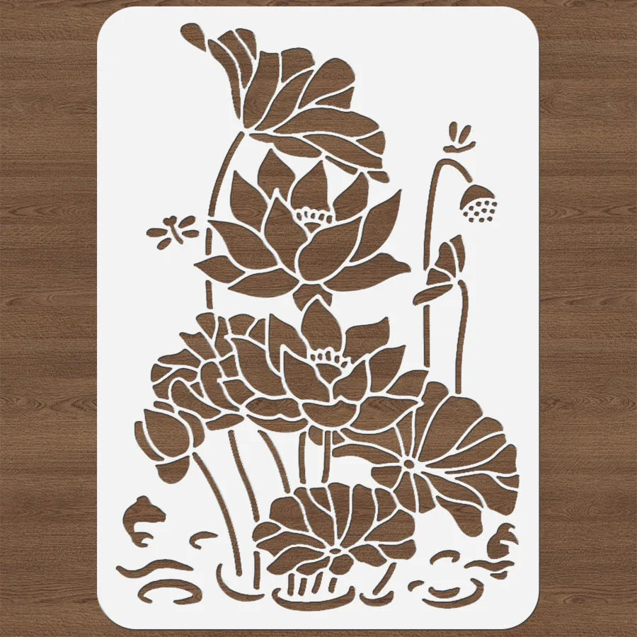 Stencil floral artisanal fleurs lotus blanc brun peinture décoration maison