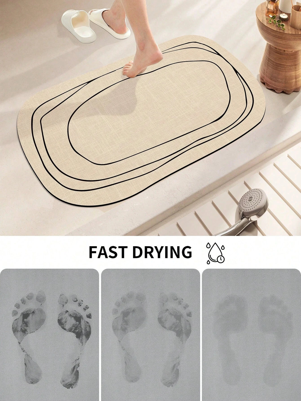 tapis bain absorbant rapide sèche facile non glissant moderne beige lignes noires minimaliste