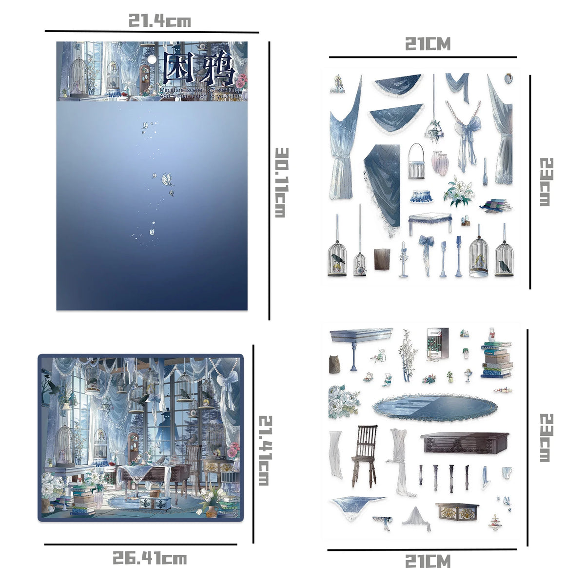 scénographie miniature décoration intérieure meubles oiseaux cages rideaux fleurs livres bleu blanc gris vert