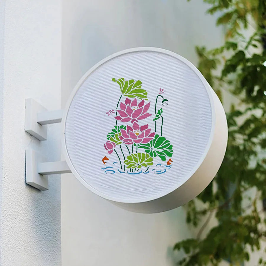 Stencil floral artisanal fleurs lotus blanc brun peinture décoration maison