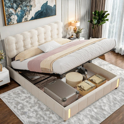 Lit coffre capitonné beige avec LED et tête de lit dans une chambre moderne