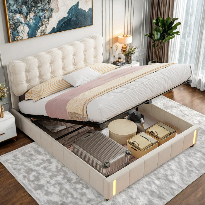 Lit coffre capitonné beige avec LED et tête de lit dans une chambre moderne