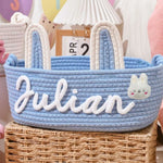 panier rangement tissu coton rose blanc bleu motif tresses décoratif enfant anneaux métalliques prénom