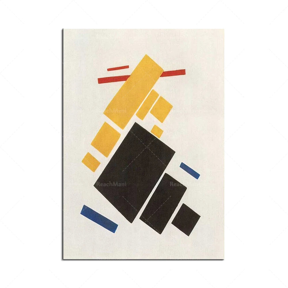 Cette image abstraite présente des formes géométriques simples en jaune, noir et bleu disposées de manière dynamique sur un fond blanc.